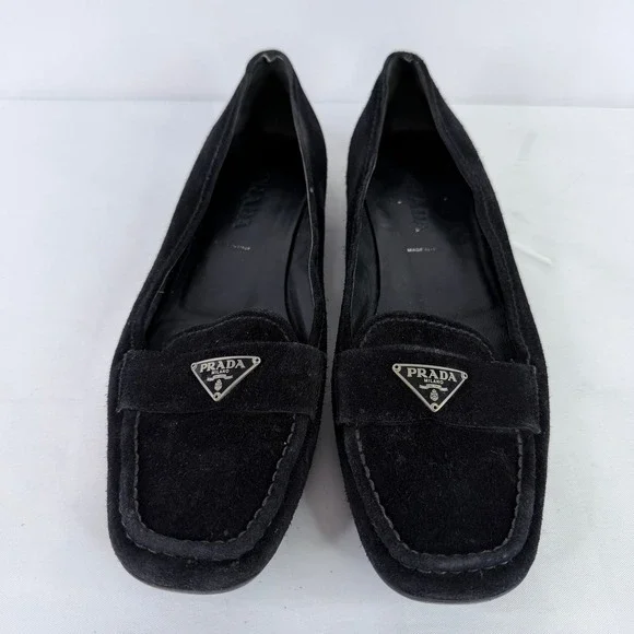 Prada Loafers Women Size 37 Black Suede Triangle Logo Flat Shoes Made in Italy - Picture 11 of 13
